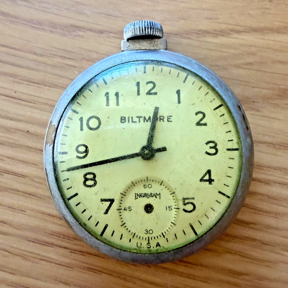 Vintage Ingraham Biltmore Pocket Watch USA Parts Repair Missing Hand Bow